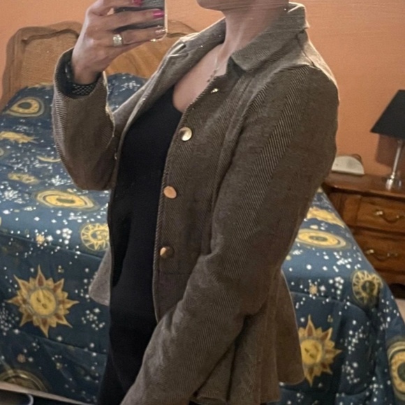 Classic Brown Herringbone Ruffle Hem Open Front Jacket Coat - Picture 5 of 9